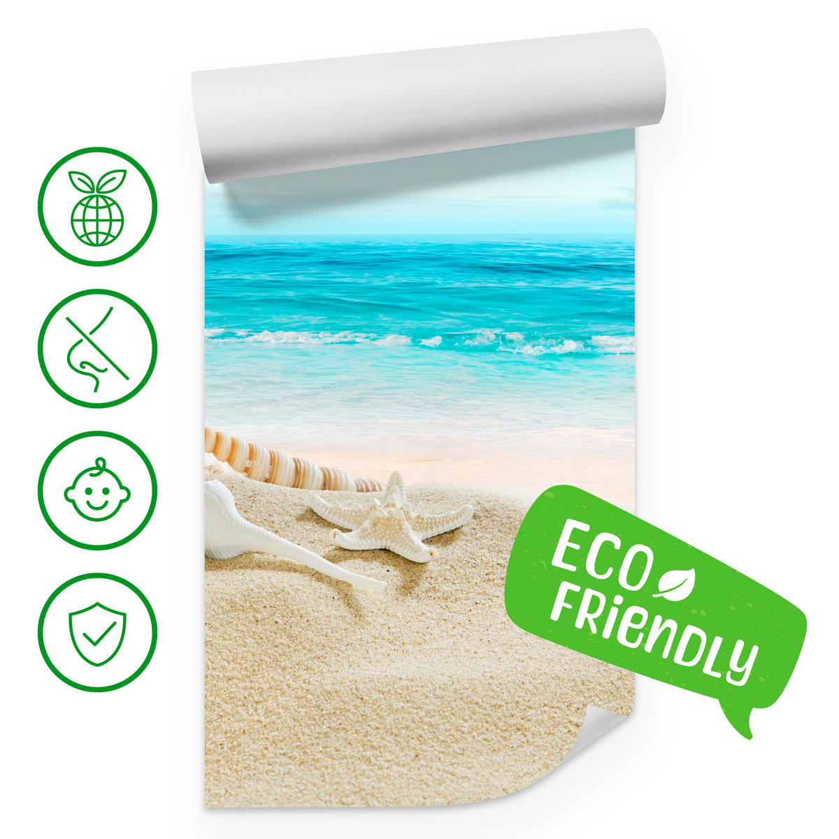 FOTOTAPETE für Badezimmer Muscheln Strand Sand Wellen Meer 150x105 - Beige/Weiß, Papier (150/105cm) - Muralo