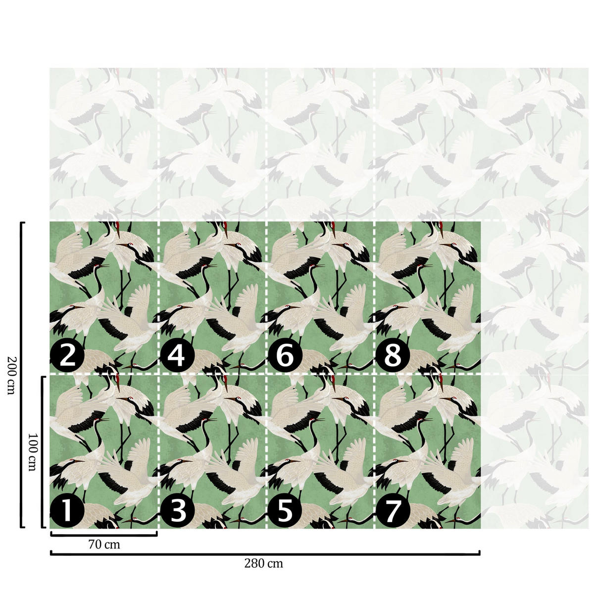TAPETE Reiher aus echtem Papier, 200x280cm, 8 Bögen - Grün, Papier (200/280cm) - WALLPAPERS4BEGINNERS