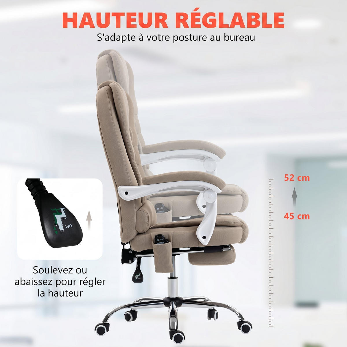 BÜROSTUHL Beige, Massagefunktion, Heizfunktion, 65/70/111-119 cm - Beige, Metall (65/119/70cm) - PANGIVO