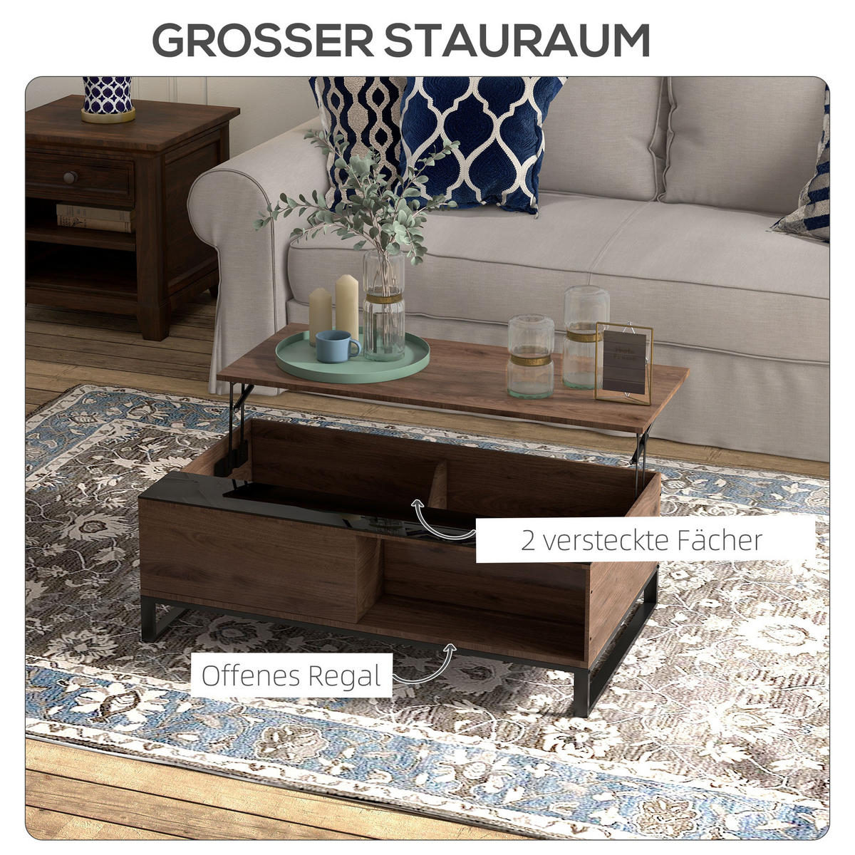 COUCHTISCH Höhenverstellbar, Spanplatte - Walnussfarben, Kunststoff (102/58/35.5cm) - HOMCOM