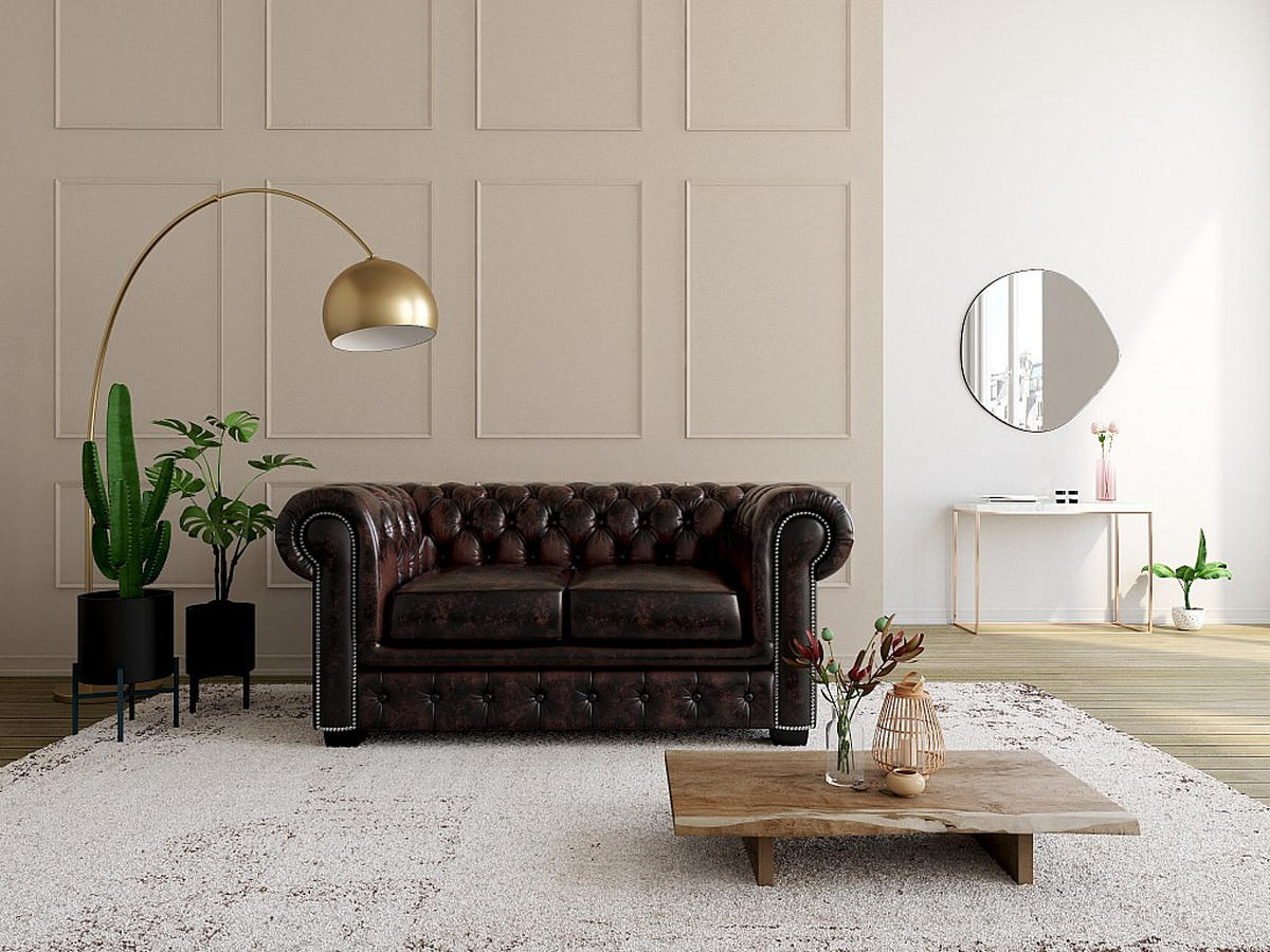 CHESTERFIELD Ledersofa 2-Sitzer - Büffelleder - Braun - BRENTON - Dunkelbraun, Leder (96/73/160cm) - Vente-Unique