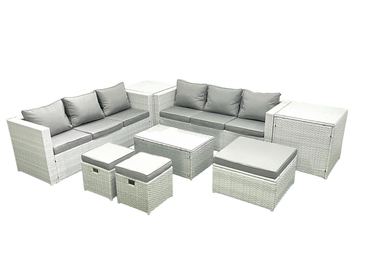 GARTENGARNITUR mit 3-SITZER SOFA,COUCHTISCH Polyrattan Hellgrau-Mix 9-Sitzer - Hellgrau/Grau, Glas/Kunststoff - Fimous