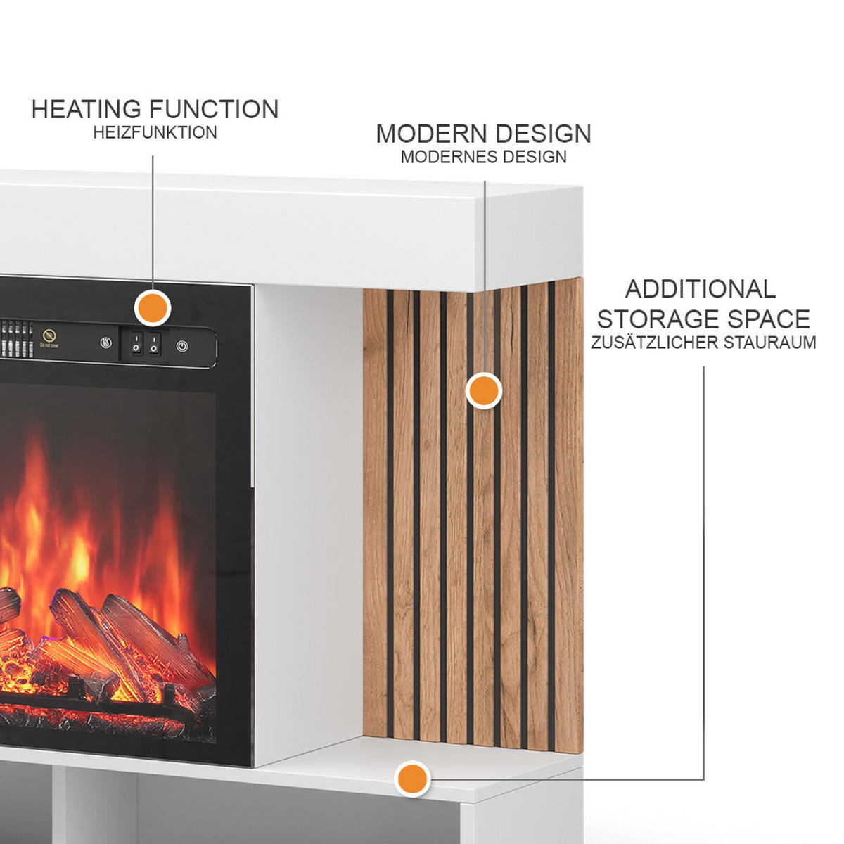 ELEKTROKAMIN Lynea Weiß 100 cm mit realistischem Flammeneffekt und Heizung 1800W - Weiß, Holzwerkstoff (100/80/25cm) - Vicco