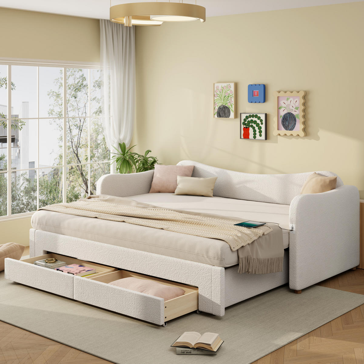 POLSTERBETT 90/200 cm ausziehbar auf 180/200 cm mit 2 Schubladen, USB- und USB-C-Anschluss, Bouclé, Beige - Beige, Textil (90/200cm) - Redom