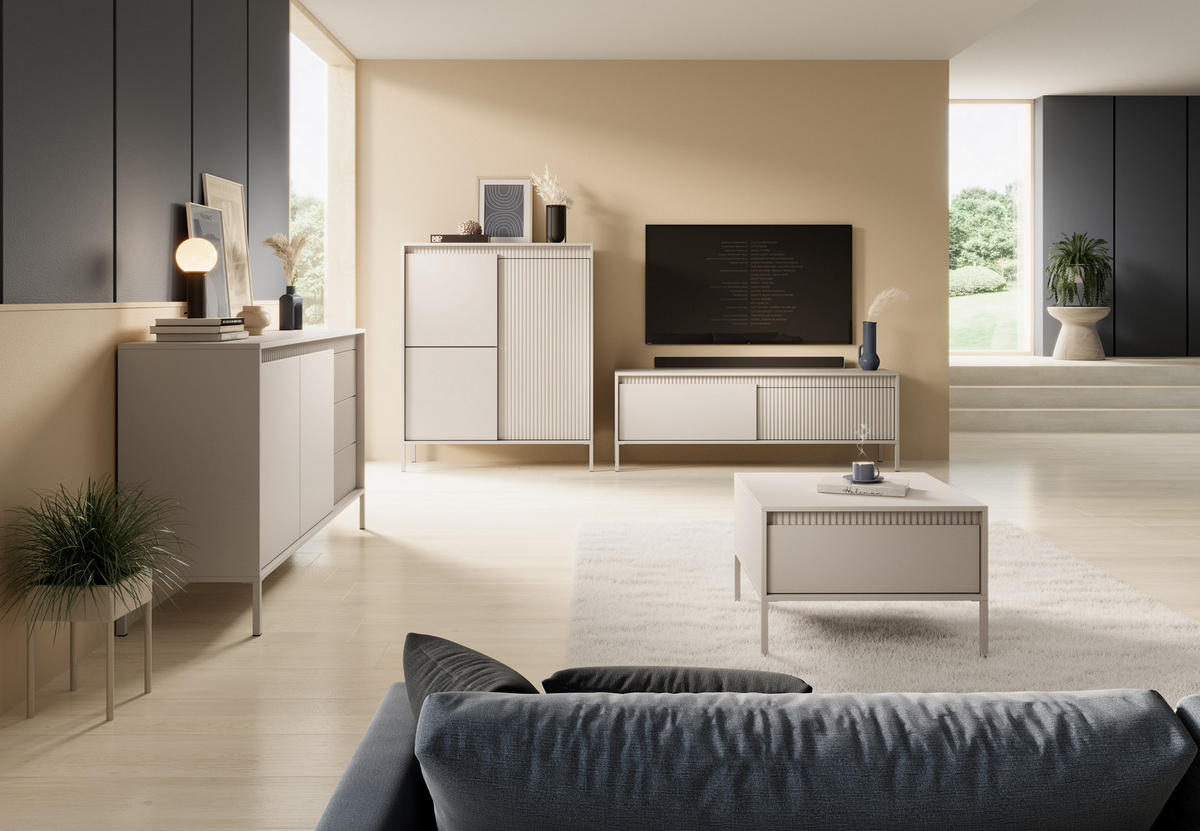 SIDEBOARD Trentinis 2T 3S Beige 153,5/81,4/39,5 cm – Geriffelten Fronten - Beige, Holzwerkstoff/Metall (153.5/81.4/39.5cm) - AX Living