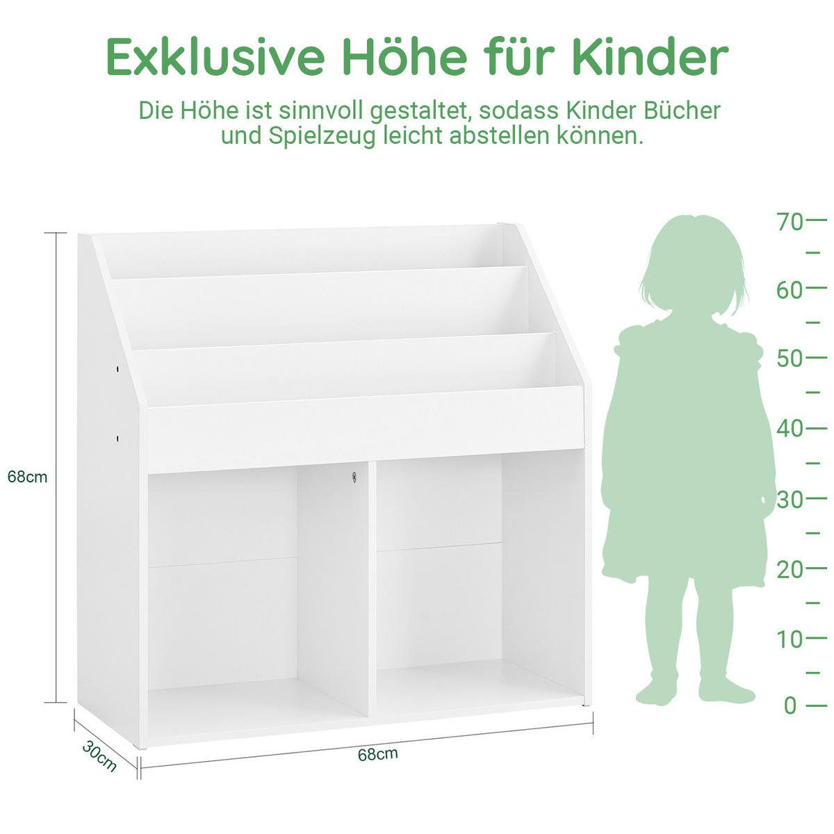 KINDER-BÜCHERREGAL, Kinderregal für Spielzeug, Weiß 68x68x30cm - Weiß, Holzwerkstoff (68/68/30cm) - SoBuy