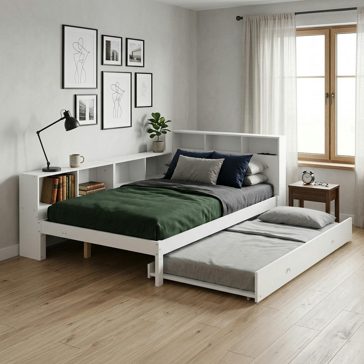 BETT 120/200 cm in Weiß mit Ausziehbett, Stauraumregal, Kopfteilablage und Ladestation - Weiß, Holzwerkstoff (120/200cm) - STILVORA