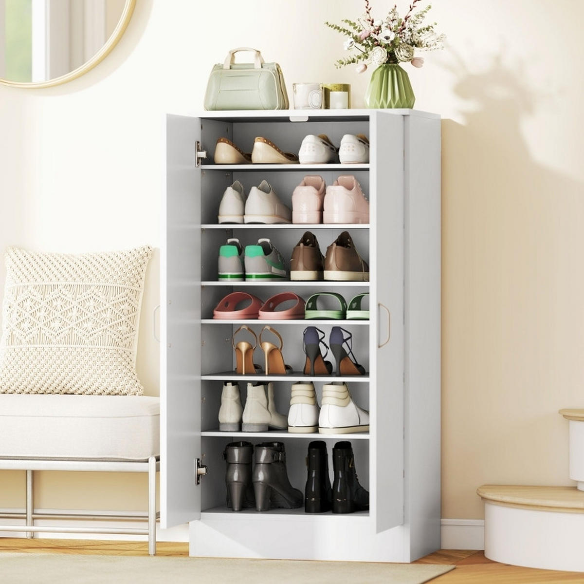 SCHUHSCHRANK 55/35/108 cm in Weiß mit verstellbaren Regalen und Soft-Close - Weiß, Holz (55/108/35cm) - Flora Grace