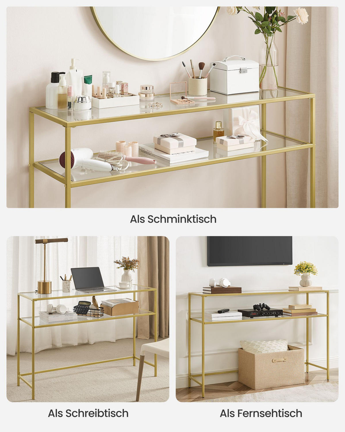 KONSOLENTISCH COTONOU - Goldfarben, Glas (35/120/80cm) - Hansiro