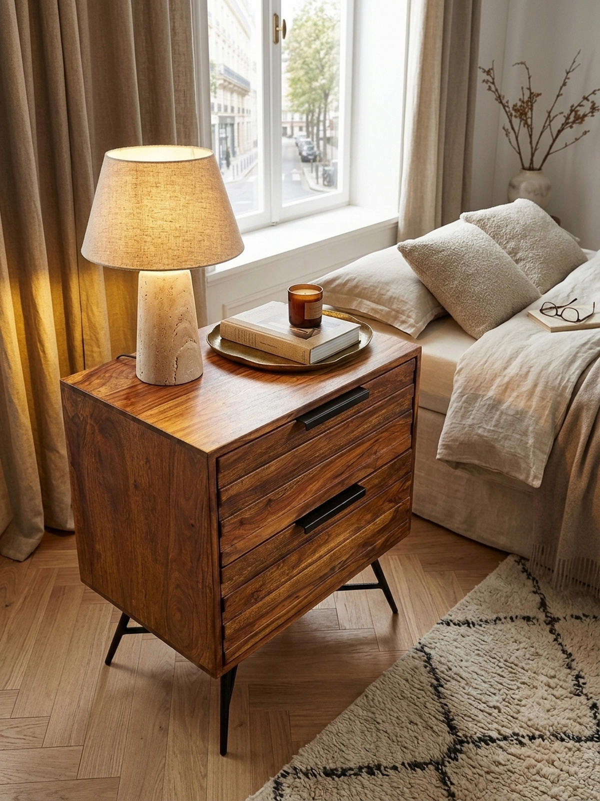 NACHTTISCH – Massivholz/Metall, große Schubladen, Industrial-Stil - Schwarz/Braun, Holz/Metall (60/60/40cm) - KADIMA DESIGN