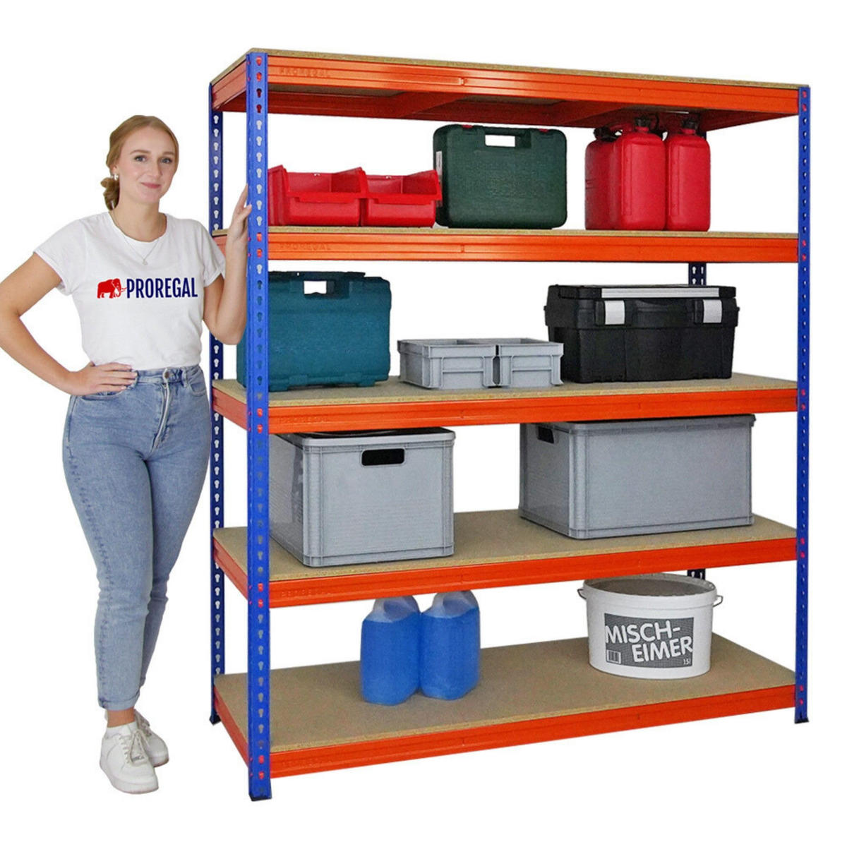 SCHWERLASTREGAL Bison 200x180x60 cm 5 Spanplatten-Ebenen 16mm Fachlast 600 kg Blau-Orange - Blau, Metall (180/200/60cm) - PROREGAL