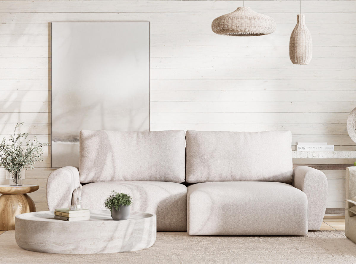 ECKSOFA MIT SCHLAFFUNKTION Numba Hellbeige Webstoff - Creme/Schwarz, Holz/Holzwerkstoff (253/153cm) - Maison de Reve