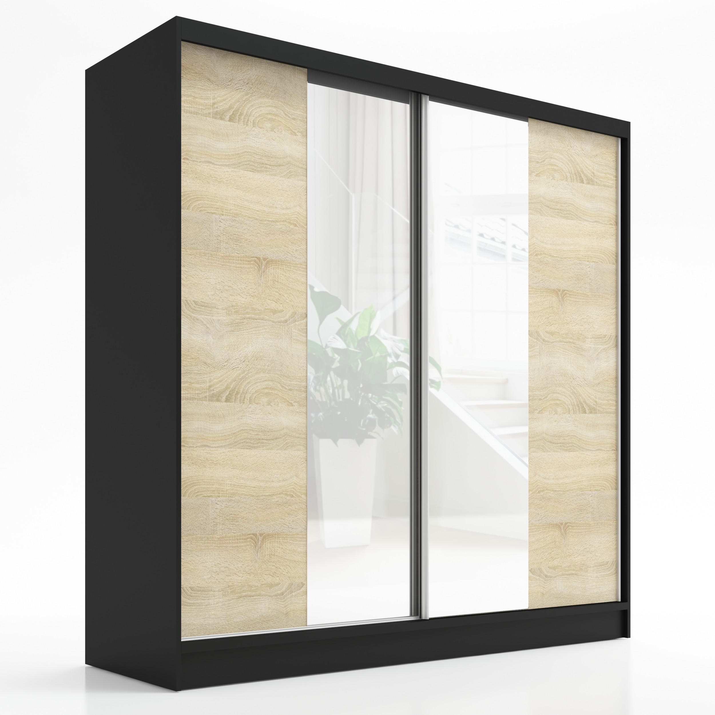 A&J MöbelLand Schwebetürenschrank Schwarz, Braun 200x215x60 cm