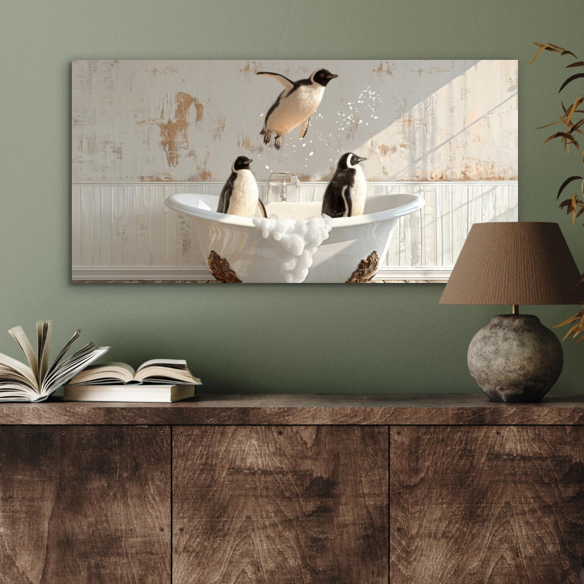 KOVOVÝ OBRAZ Vintage - Tučniak - Vaňa - Pena 80x40 cm - čierna, kov (80/40cm) - MuchoWow