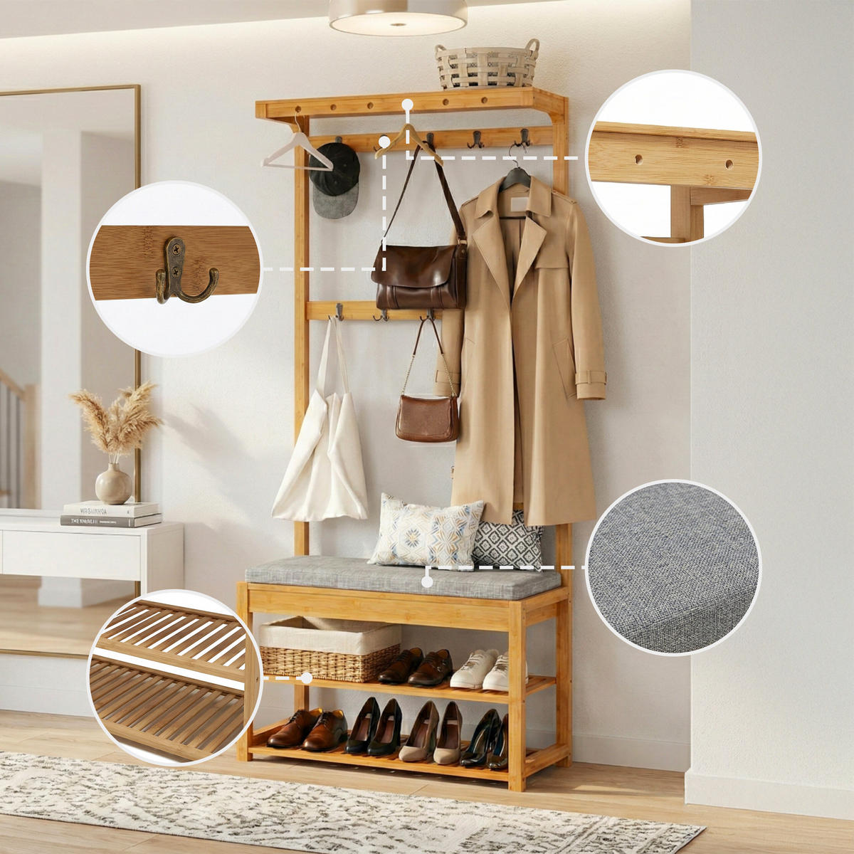 VĚŠÁK na kabát - světle hnědá, dřevo/textil (70/175/33cm) - Relaxdays