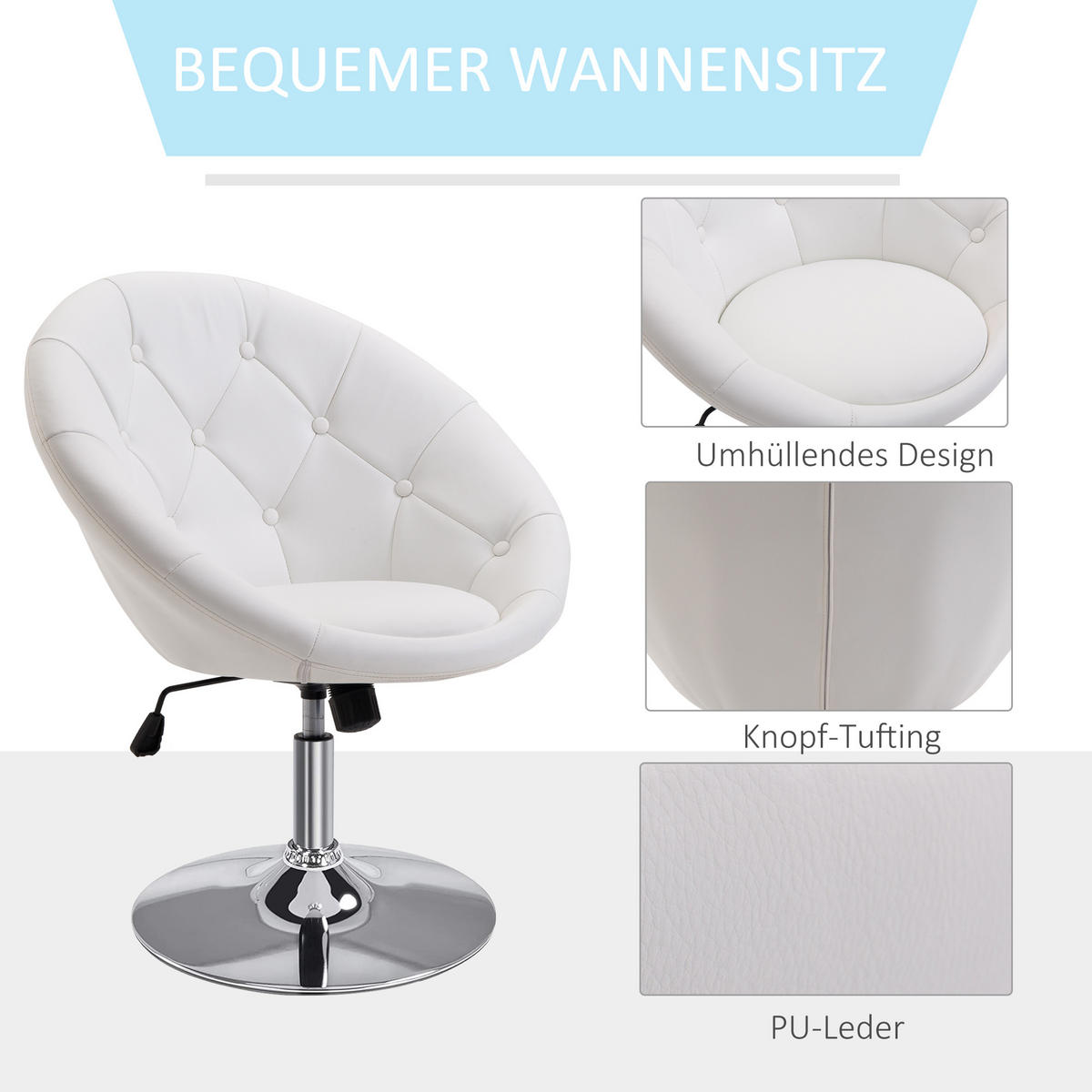 DREHHOCKER Bürostuhl Arbeitshocker verchromt Drehstuhl höhenverstellbar 2 Farben - Weiß, Metall (59/90/71cm) - HOMCOM