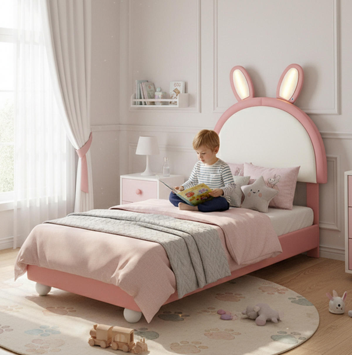 KINDERBETT 90/200 cm mit LED-Lichtleiste, Hasen-Kopfteil und weicher Antikollisionskante, Rosa/Weiß - Weiß, Kunststoff (90/200cm) - Redom