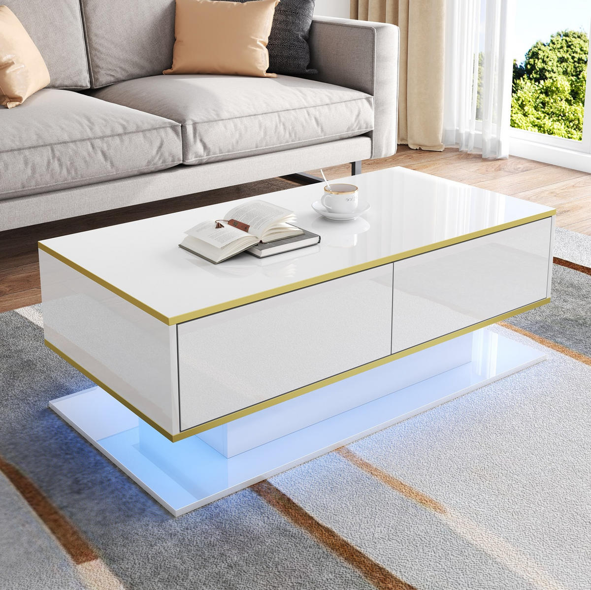 KONFERENČNÍ stolek z dřevotřísky, 100/50/40 cm bílá/zlatá, s LED osvětlením a 3 zásuvkami - bílá, kompozitní dřevo (100/50/40cm) - BEAOK