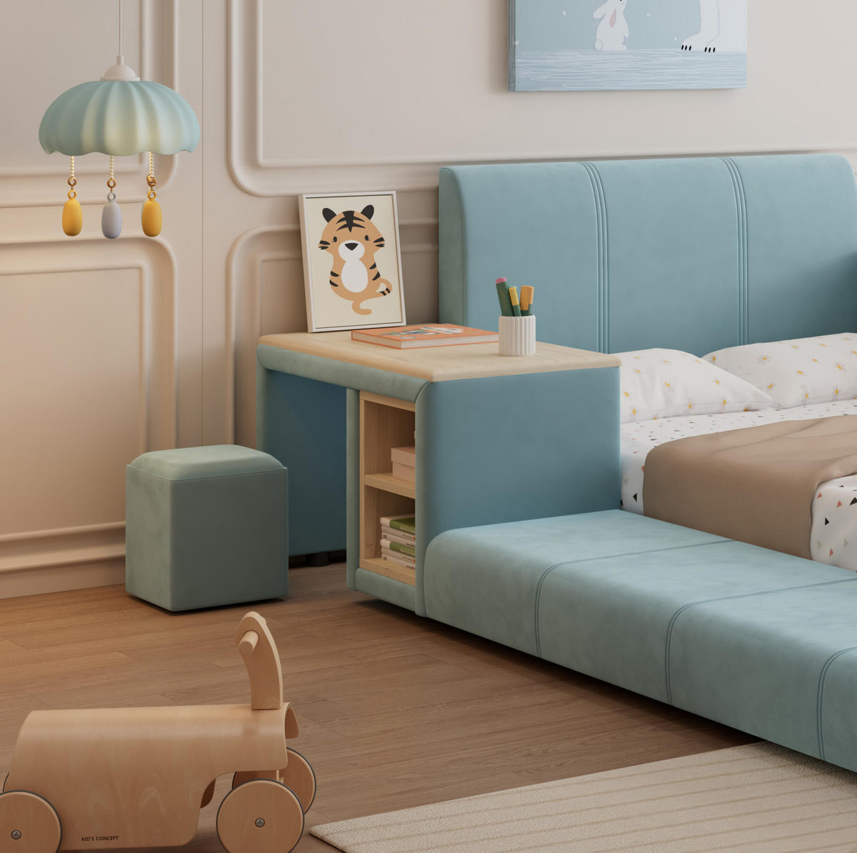 POLSTERBETT mit Schreibtisch und Hocker 90x200 cm Samt Blau - Blau, Holzwerkstoff (90/200cm) - Beauniv