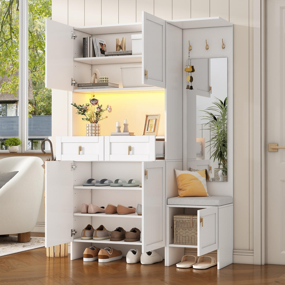 GARDEROBE-SET in Weiß Highboard mit Schuhbank Schuhschrank 3 Haken 5 Türen 2 Schubladen für Flur ,B120/T33.5/H180cm - Weiß, Holzwerkstoff (120/180/33.5cm) - STILVORA