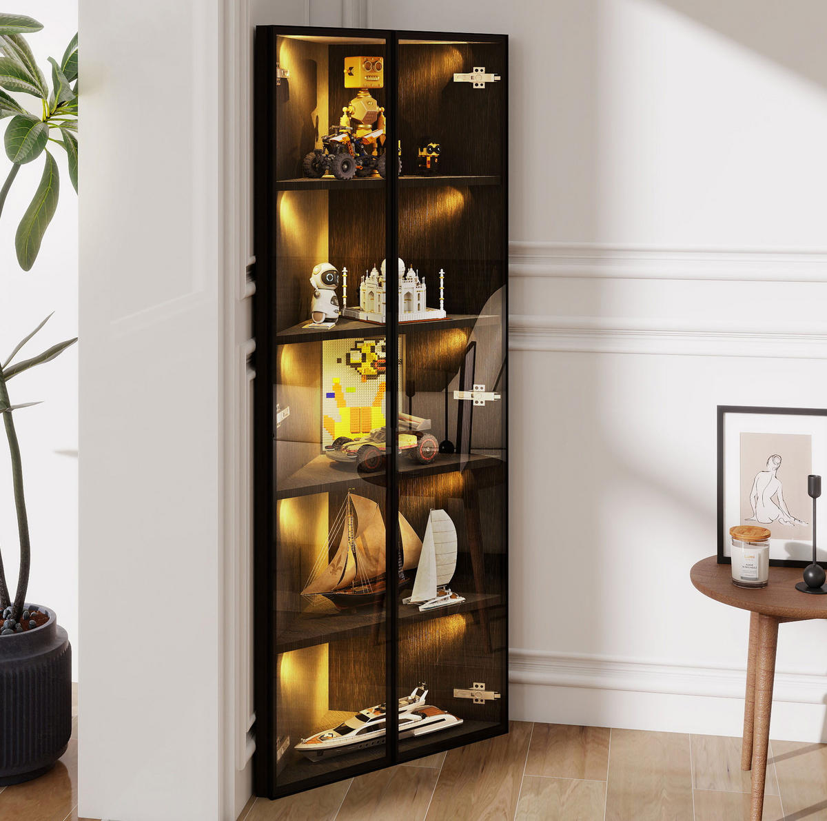 HIGHBOARD 62/35/160 cm in Schwarz mit LED-Beleuchtung und Sicherheitsglas - Schwarz, Holzwerkstoff (62/160/35cm) - Flora Grace