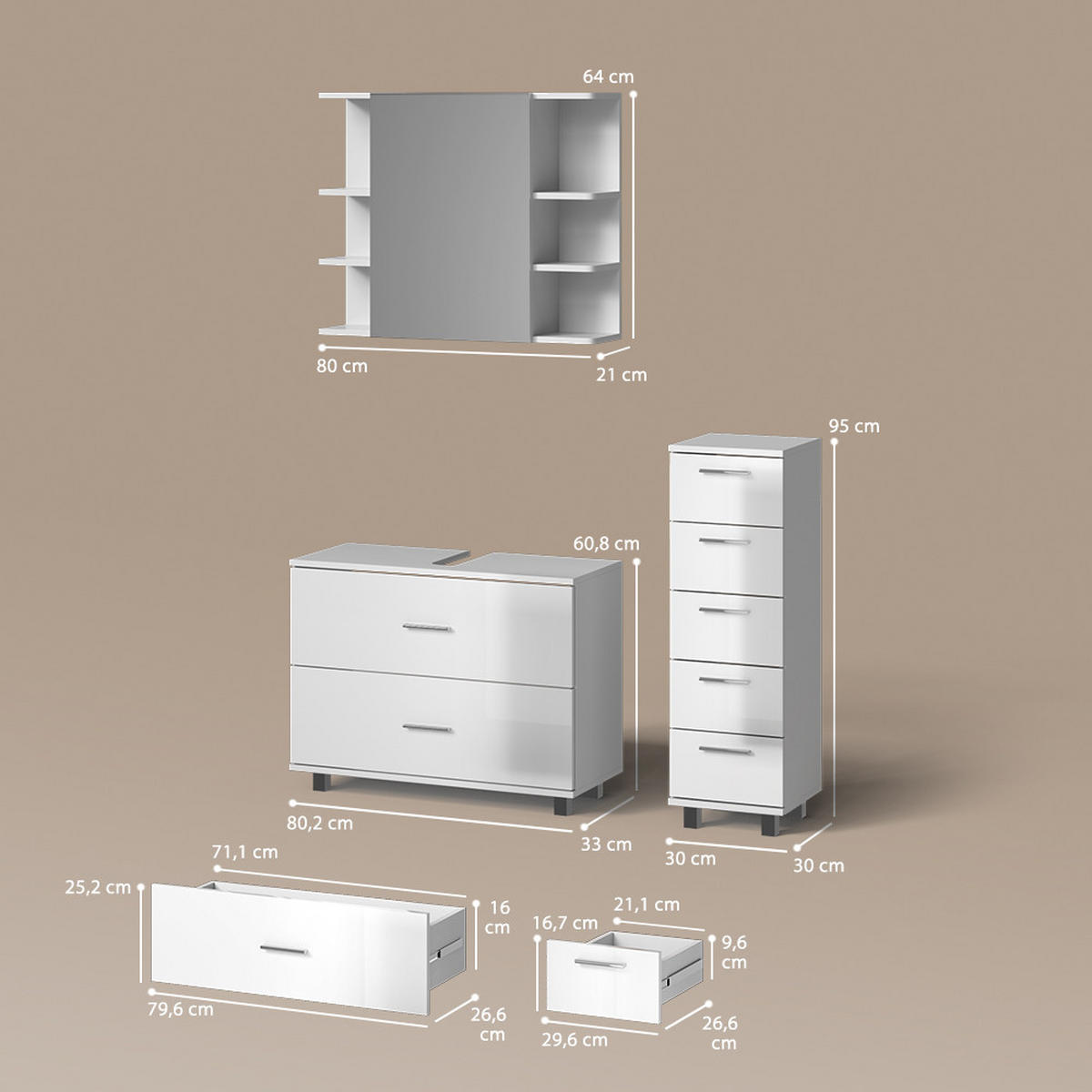 BADMÖBEL-SET Eisak Weiß Hochglanz 3 Teile, mit Unterschrank 80 cm - Weiß Hochglanz, Holzwerkstoff (80/60/33cm) - Livinity®