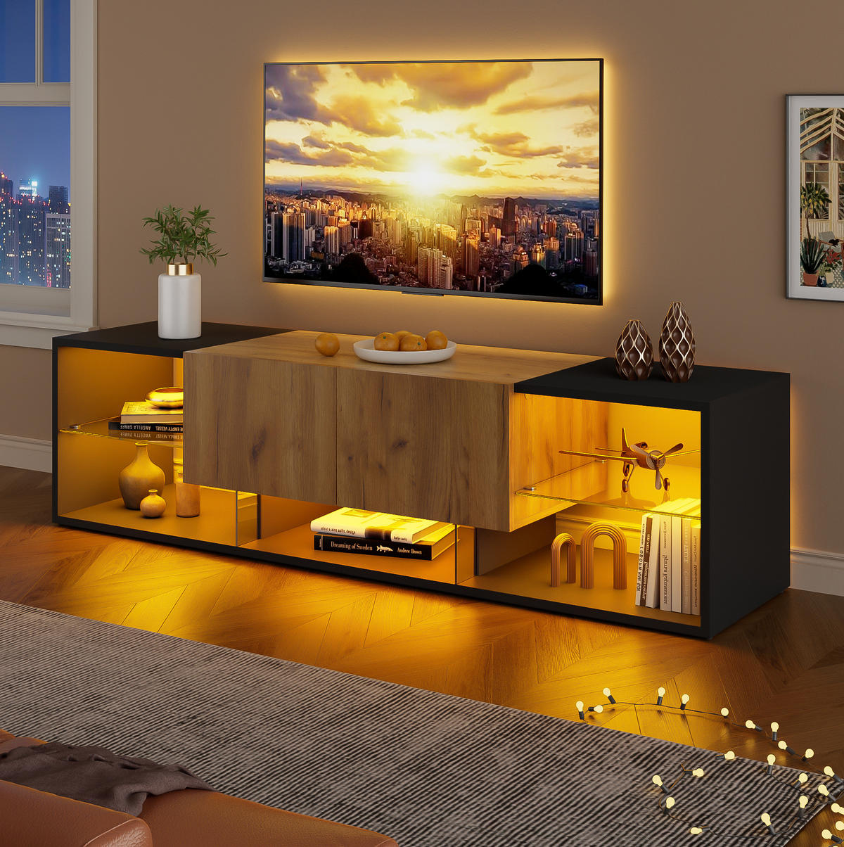 TV-LOWBOARD 160/40/42 cm Schwarz/Natur aus Spanplatte mit LED - Schwarz, Holzwerkstoff (40/42/160cm) - OKWISH
