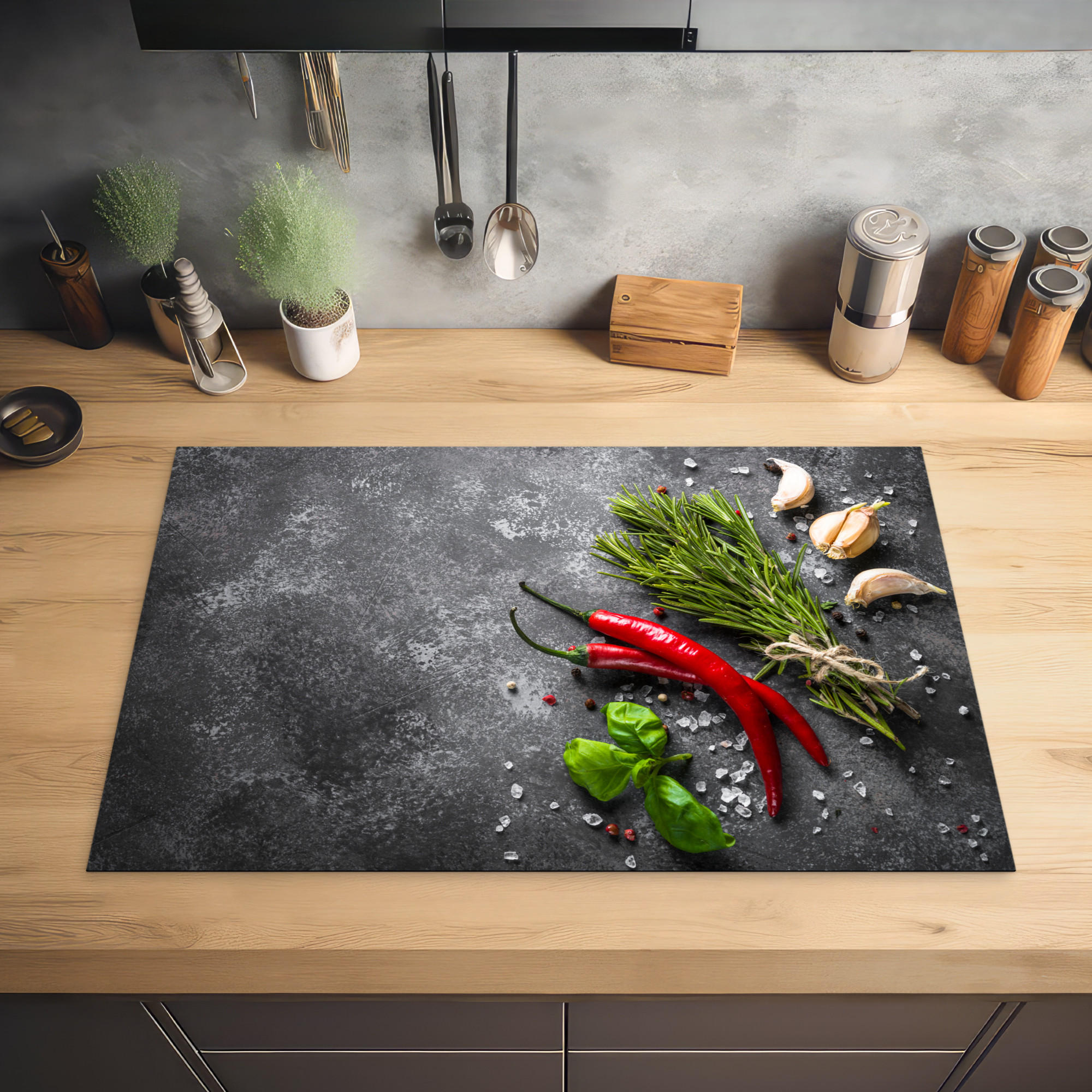 HERDABDECKPLATTE Pfeffer - Kräuter - Gewürze - Beton 80x52 cm - Rot, Kunststoff (80/0.2/52cm) - MuchoWow