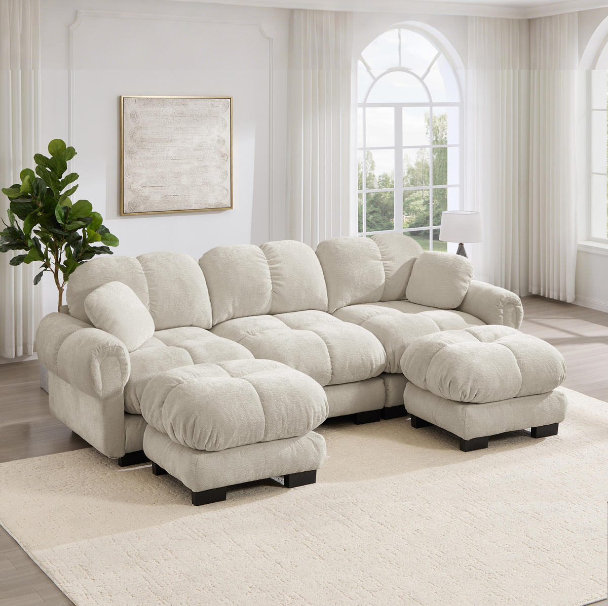SOFA U-Form 3-Sitzer mit Steppnaht Chenille Light Khaki - Hellbraun, Holz (149/90/260.1cm) - Meubliv