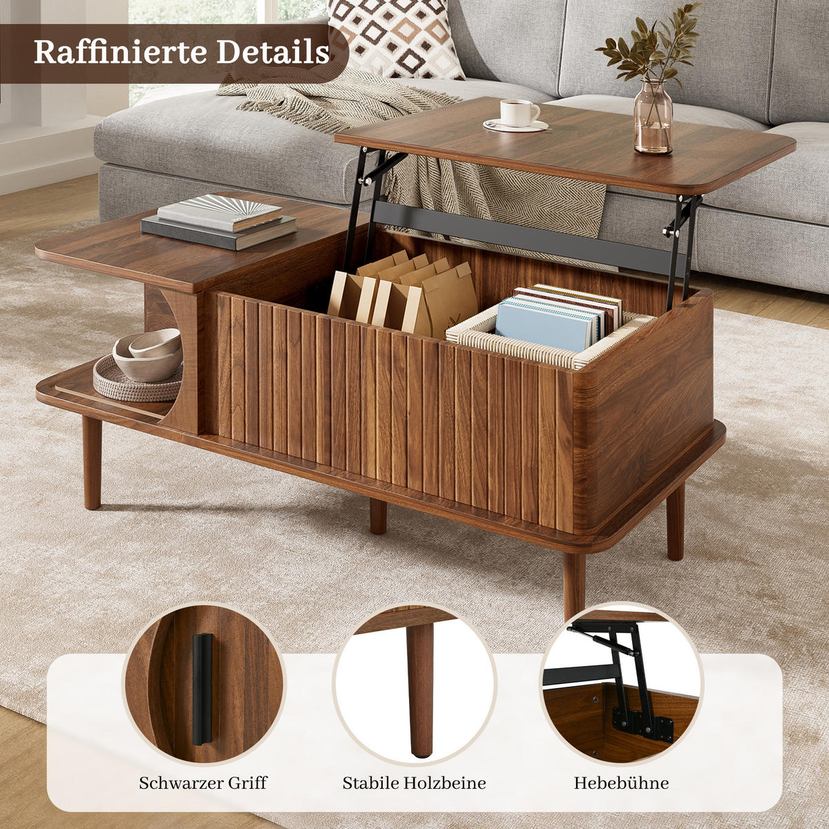 COUCHTISCH Retro Walnuss höhenverstellbar Rillen modern - Walnussfarben, Holzwerkstoff (100/48/55.5cm) - FLIEKS