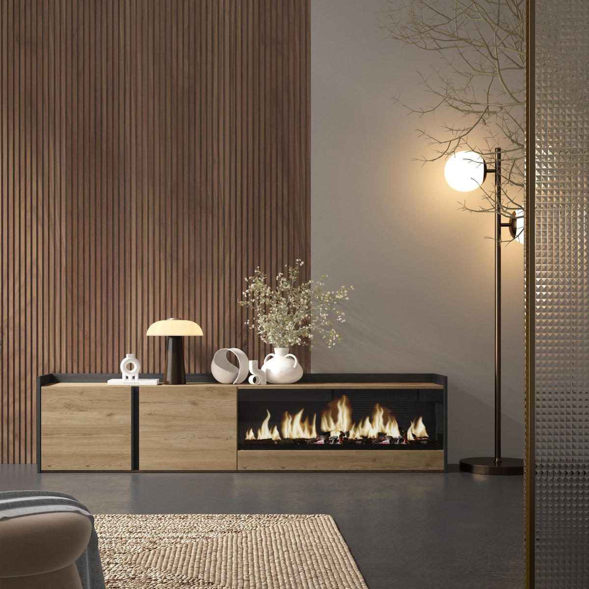 LOWBOARD, Eiche und Schwarz, 212/35/50cm, Kamin mit Feuereffekt XXL - Eichefarben, Holzwerkstoff (212/50/35cm) - Skraut Home