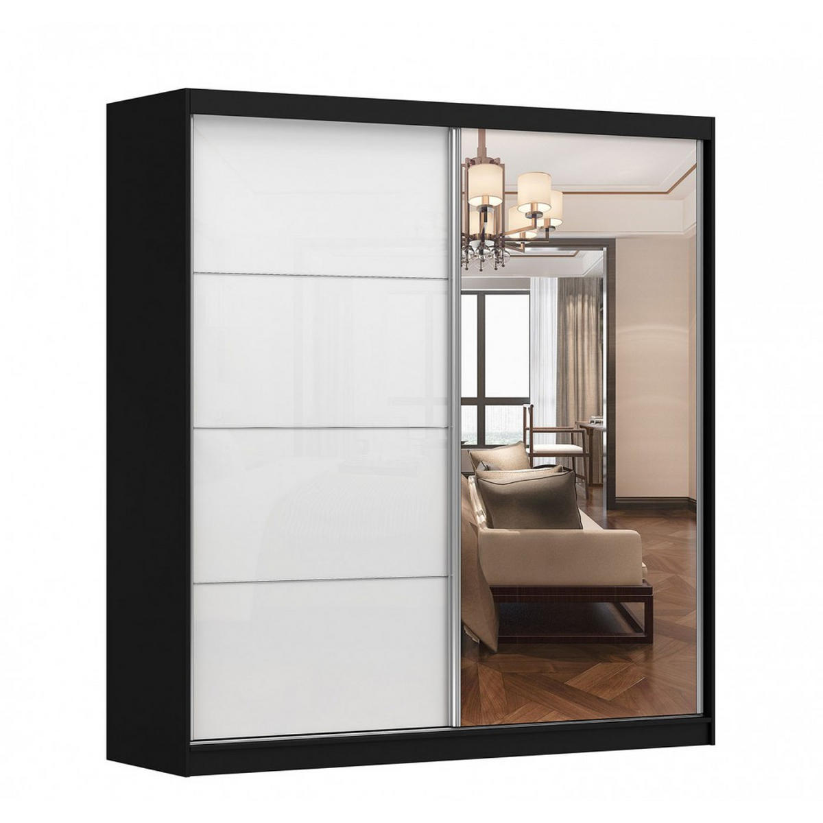 SCHWEBETÜRENSCHRANK Multi 35 Schwarz/Weiß Semigloss + Spiegel, ohne LED Beleuchtung 203 cm - Alufarben/Schwarz, Glas/Holzwerkstoff (203/218/61cm) - imoebel24
