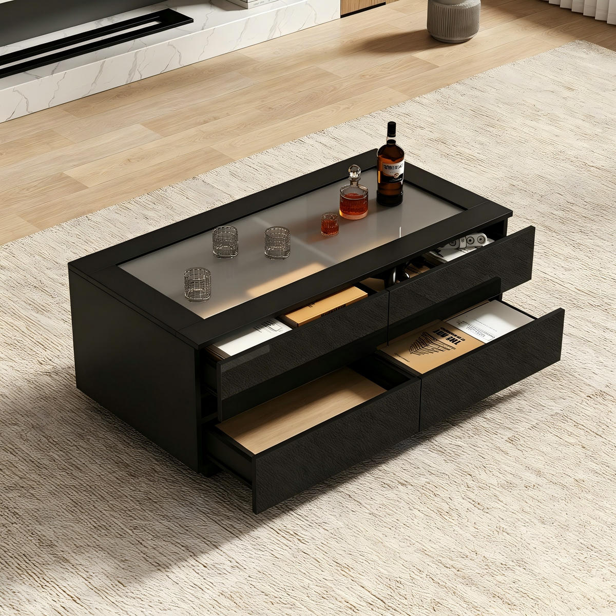 COUCHTISCH mit gehärteter Glasplatte, 4 Schubladen und LED-Beleuchtung Hochglanz Schwarz - Schwarz, Glas/Holzwerkstoff (100/50/40cm) - EVRYAE