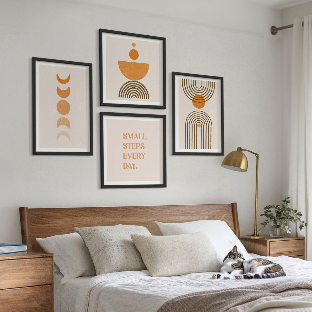 BILDER SET 4er Set - 50x50 cm & 40x60 cm Schwarzer Rahmen - Minimalistische Boho-Muster - Schwarz, Kunststoff (50/50cm) - TULUP