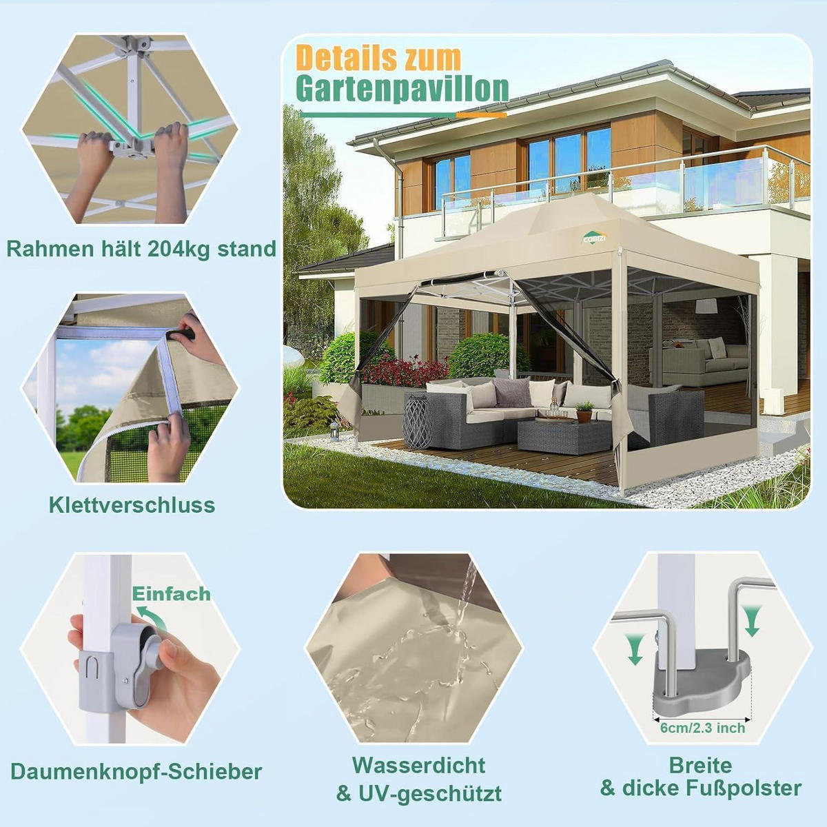 FALTPAVILLON 3 x 4,5 m mit Moskitonetz Khaki - Olivgrün, Textil (300/238/450cm)