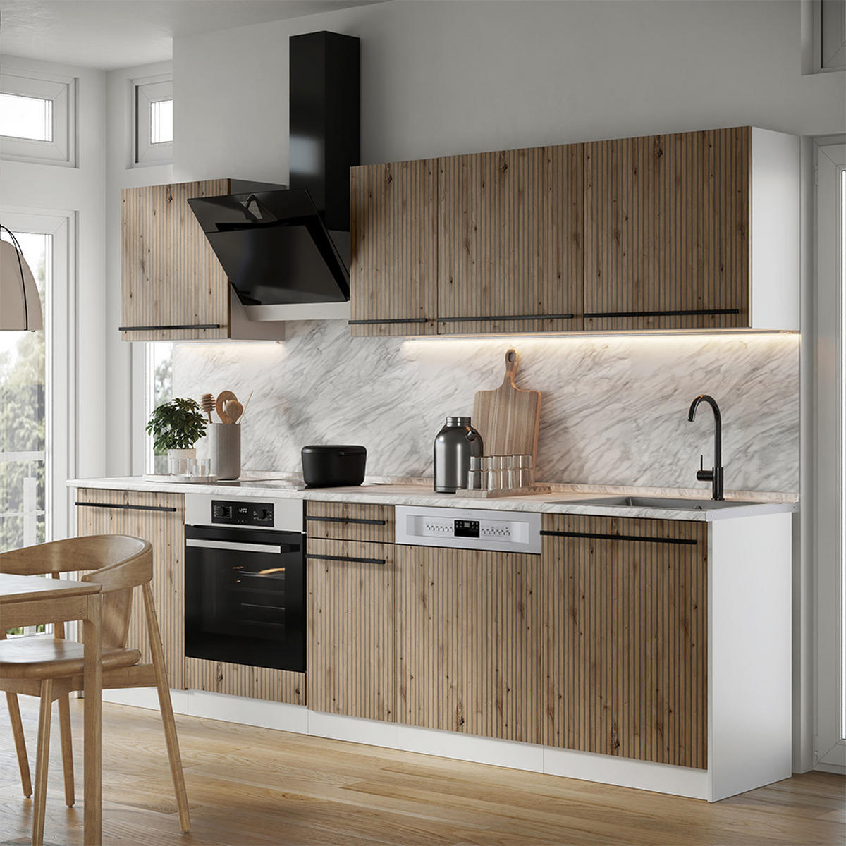 KÜCHENZEILE R-Line, Artisan-Eiche/Weiß, 280 cm Arbeitsplatte Goldkraft Eiche - Eiche Artisan/Weiß, Holzwerkstoff (280/206.8/60cm) - Vicco