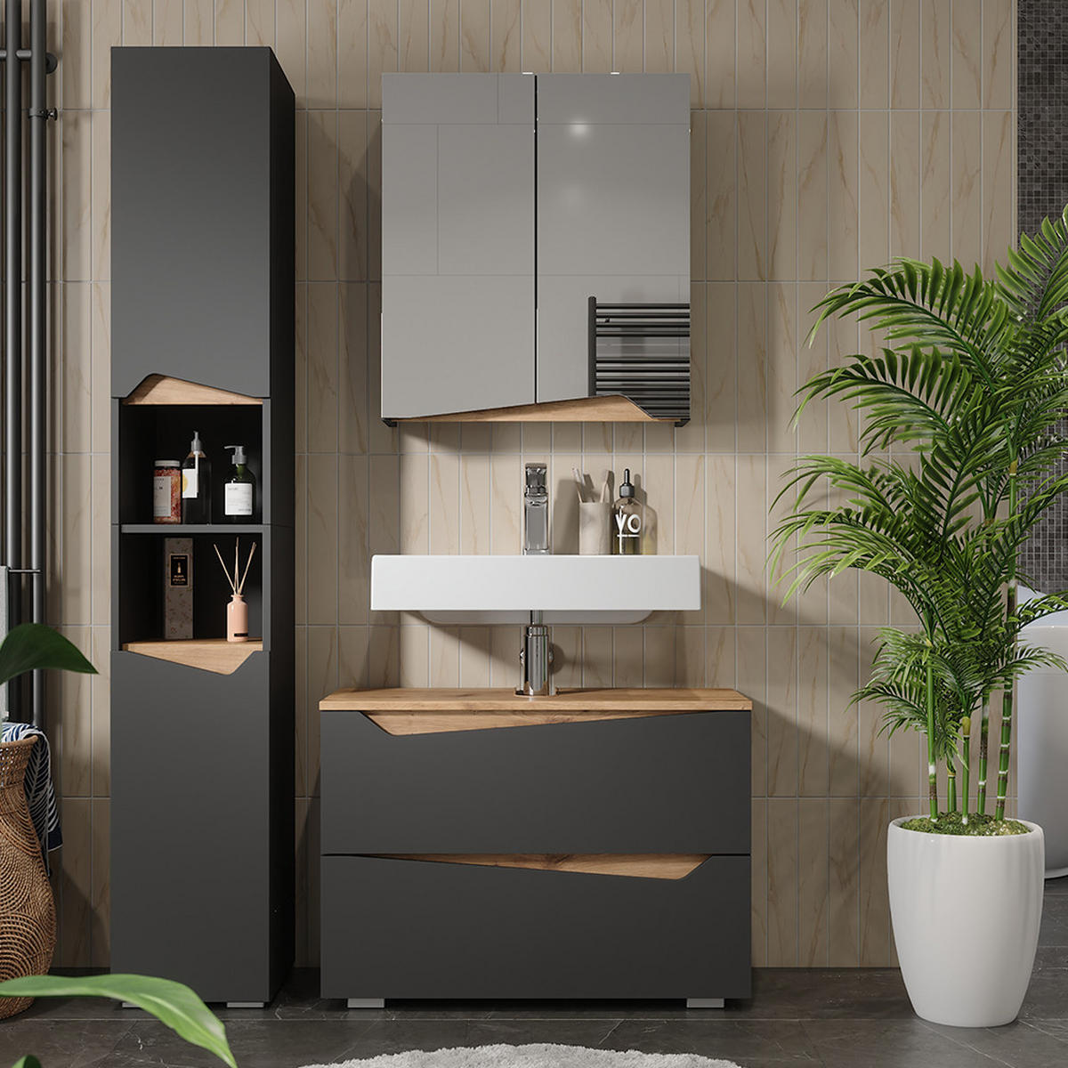 KOUPELNOVÝ NÁBYTEK Marelle Antracit/Artisan - antracitová/dub artisan, kompozitní dřevo (30/180/35cm) - Vicco