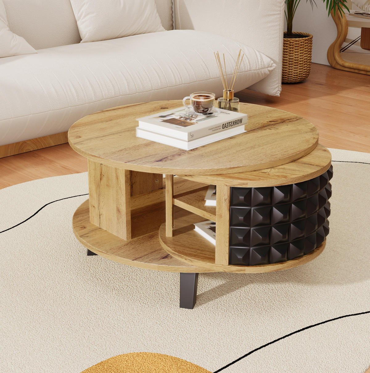 COUCHTISCH aus Spanplatte 85,2x80x45,2 cm Natur mit drehbarem Stauraum und zweistöckiger Tischplatte - Naturfarben, Holzwerkstoff (82.5/80/45.2cm) - Modfu