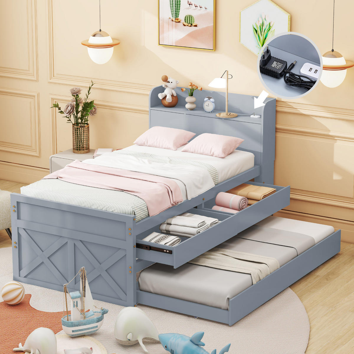 EINZELBETT 90x190 Kiefer Massivholz Schublade USB Grau - Grau, Holzwerkstoff - FLIEKS