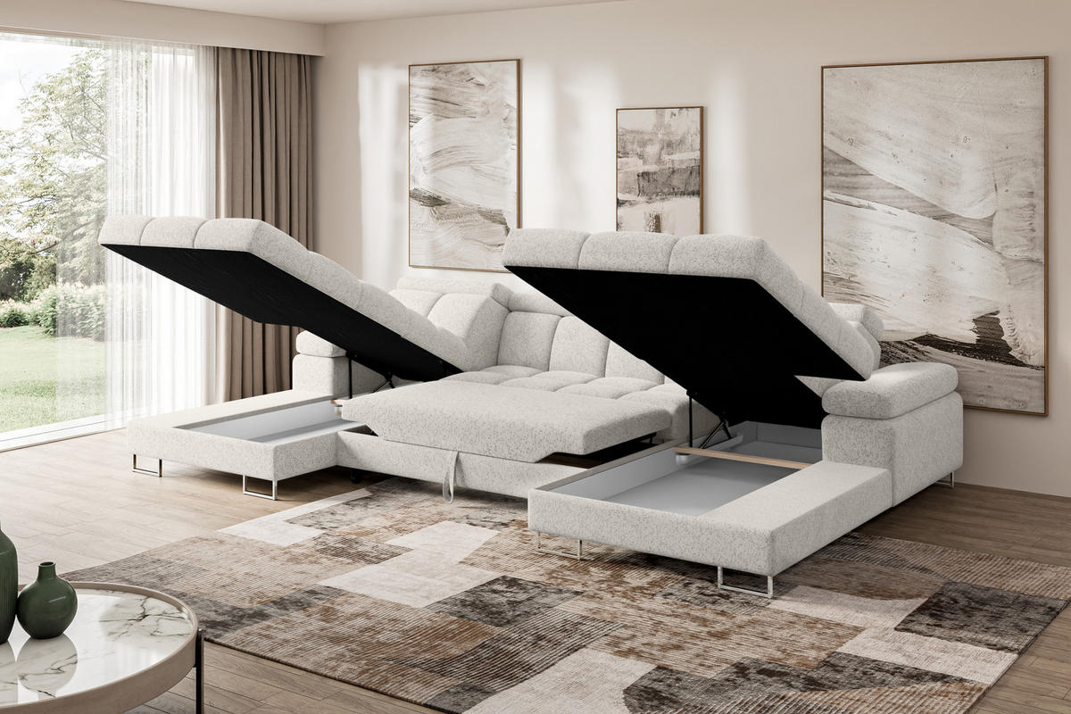 WOHNLANDSCHAFT mit Schlaffunktion und Bettkasten COMA U2 345x203x79 Hellgrau Velours - Hellgrau, Holzwerkstoff/Textil (345/79/203cm) - ALTDECOR