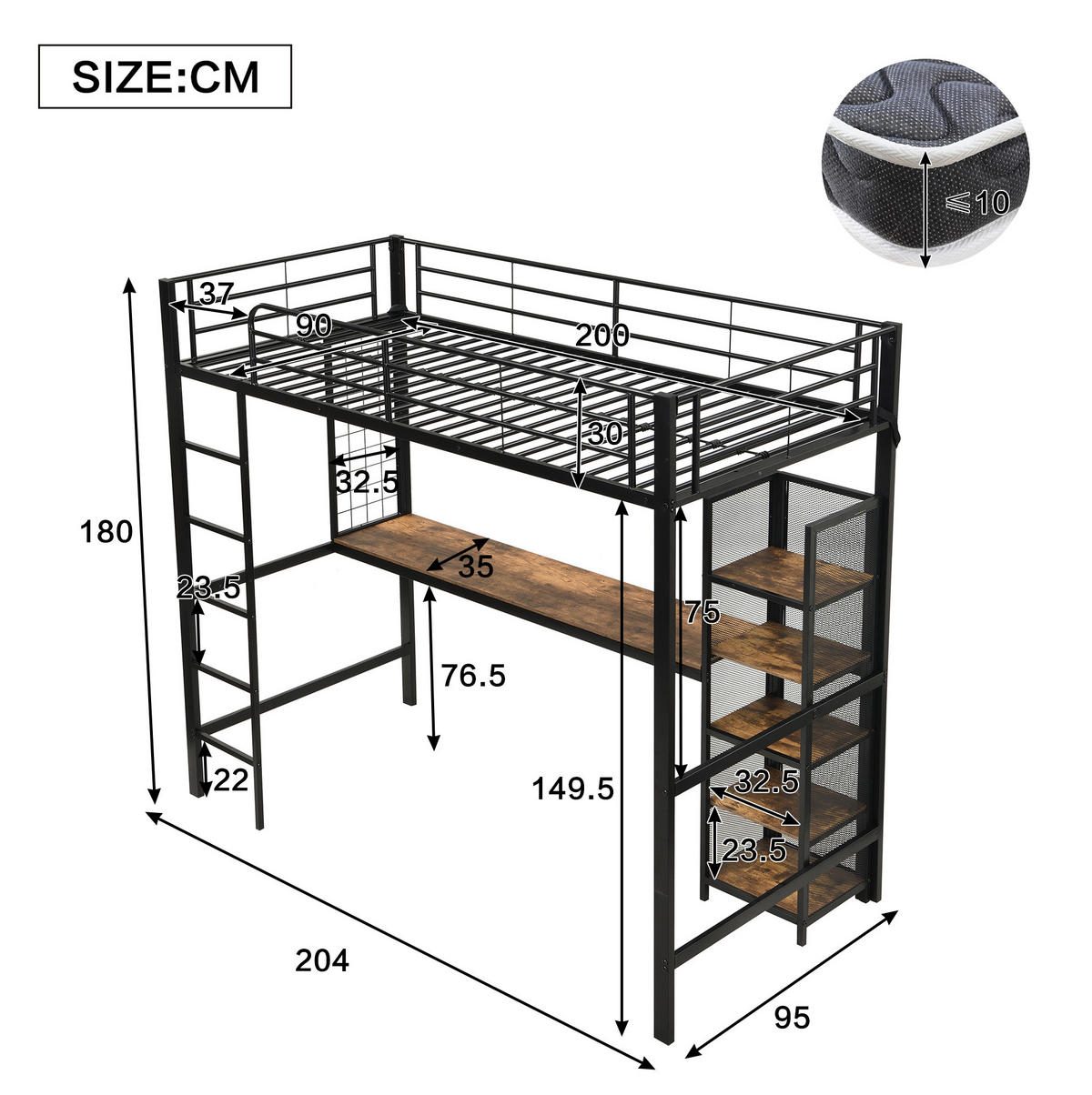 HOCHBETT 90/200 cm in Schwarz und Dunkelholz mit Schreibtisch und Regalfächern - Schwarz, Holzwerkstoff (90/200cm) - Flora Grace