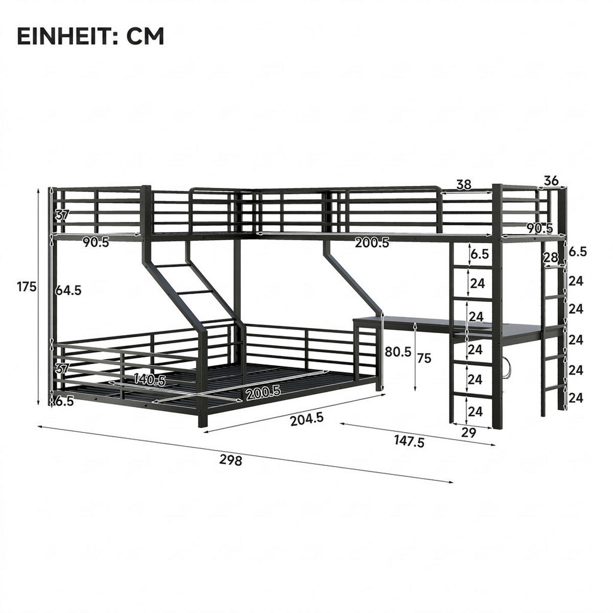 ETAGENBETT 90/200 cm Schwarz mit Schreibtisch, USB- und Type-C-Schnittstelle - Schwarz, Metall (90/200cm) - Oxeza