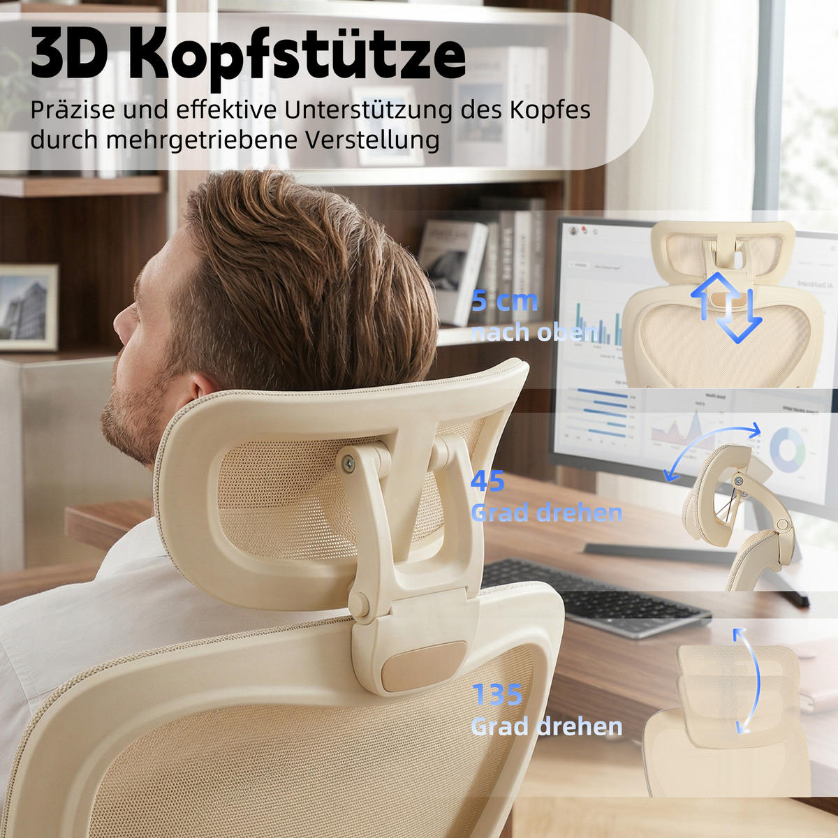 DREHSTUHL DE-40943 mit klappbarer Rückenlehne und 3D-Kopfstütze Creme - Creme, Metall (62/129/48.5cm) - ComfortXL