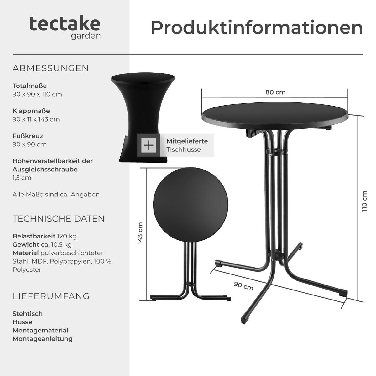 STEHTISCH Eren,bodenschonende Kunststofffüße & Ausgleichsschraube,schwarz - Schwarz, Textil (80/110/80cm) - tectake