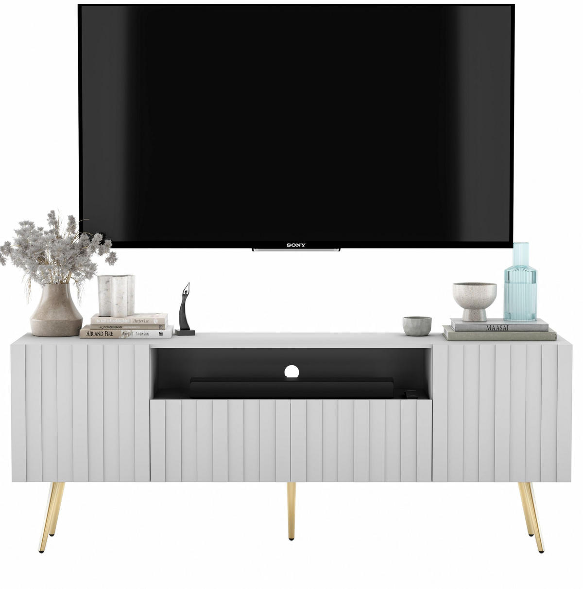 TV-SCHRANK Elpis2 Weiß Matt mit goldenen Metallbeine Glamour 150 cm - Goldfarben/Weiß, Holzwerkstoff/Metall (150/60.5/36.5cm) - Meble Lindner