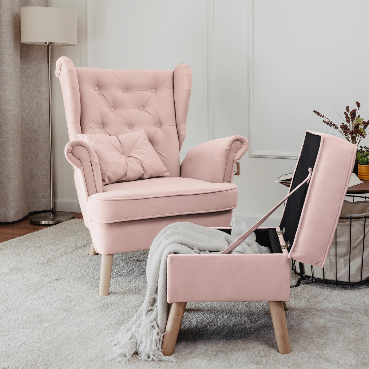 SESSEL mit Fußhocker Classic - Rosa, Holz (92/107/80cm) - Idohome