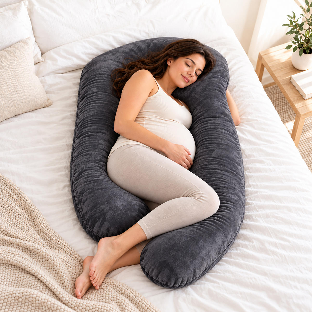 POLŠTÁŘ Antracit těhotenský tvar U sametový potah - antracitová, textil (70/140cm) - Relaxdays