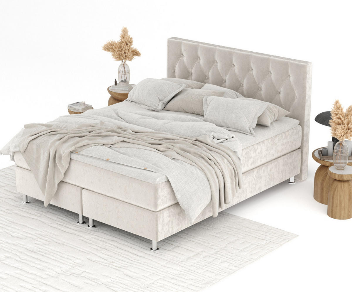 BOXSPRINGBETT Excelsior Ecru 200/200 cm mit Latex-Topper - Ecru/Silberfarben, Holz/Holzwerkstoff (200/200cm) - Maison de Reve