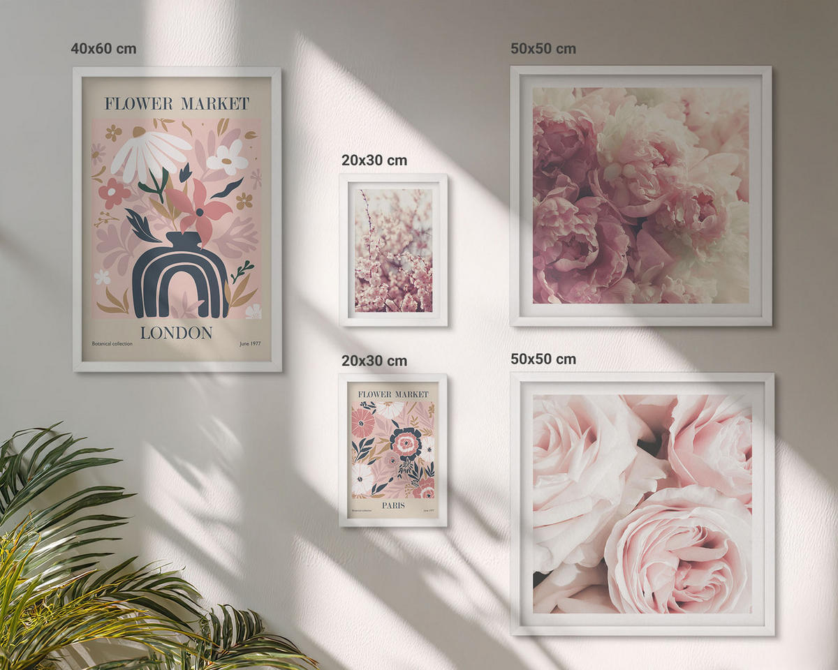 BILDER SET 5er Set - 50x50 cm & 20x30 cm & 40x60 cm Weißer Rahmen - Blumenmuster aus europäischen Städten - Weiß, Kunststoff (40/60cm) - TULUP