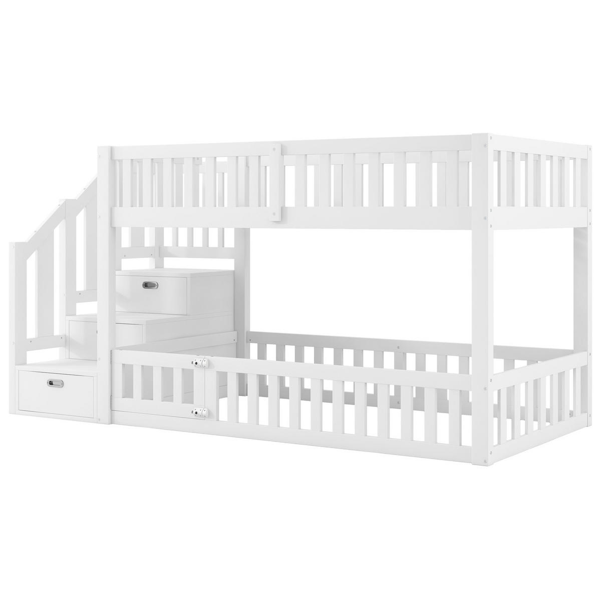 ETAGENBETT 90/200 cm aus Kiefer und MDF mit Leiter, Stauraum und Schutzgitter, Weiß - Weiß, Holzwerkstoff (90/200cm) - Redom